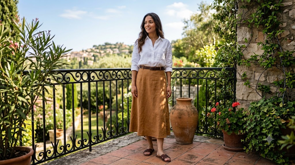 White Linen Shirt & Camel Linen Midi Skirt